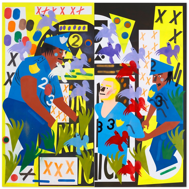 Nina Chanel Abney (b. 1982), Untitled (XXXXXX), 2015. Acrylic, ink and spray paint on canvas, in two parts. Overall 96 x 96 in (243.8 x 243.8 cm). Sold for $990,000 in 21st Century Evening Sale on 11 May 2021 at Christie’s in New York
