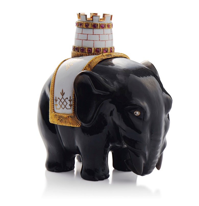 A large jewelled and enamel gold-mounted obsidian model of an elephant and castle, engraved Fabergé, circa 1890. 3 in (7.5 cm) high. Estimate £70,000-90,000. Offered in Russian Art on 7 June 2021 at Christie’s in London