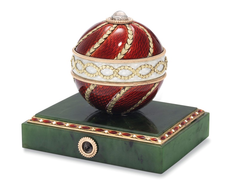 A gem-set, guilloché enamel and two-colour gold-mounted nephrite bell-push marked Fabergé, circa 1900. 2⅝ in (6.6 cm) long. Estimate £20,000-30,000. Offered in Russian Art on 7 June 2021 at Christie’s in London