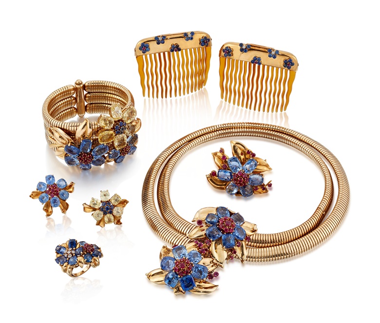 A retro gold, ruby, sapphire, coloured sapphire and diamond Passe-Partout suite, by Van Cleef & Arpels. Estimate £60,000-90,000. Offered in Jewels and Handbags Online The London Edit on 23 June 2021 at Christie’s in London