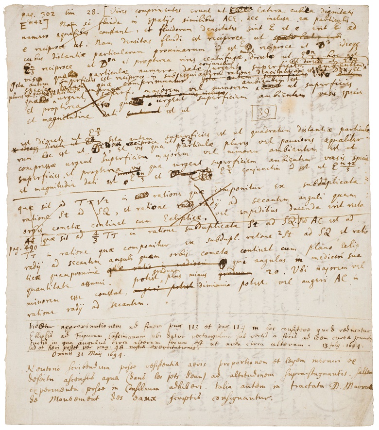 Isaac Newton manuscript. Two pages of revisions to the Principia Mathematica. Estimate £600,000-900,000. The Exceptional Sale, London, 8 July