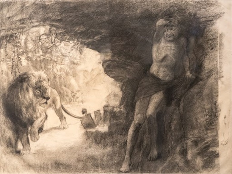 A Sketch of Slave and lion, painted in 1924. 47.5 x 63 cm. Xu Beihong Museum