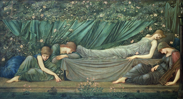 爱德华·科利·伯恩-琼斯 (Edward Coley Burne-Jones) 在他最后几年重新审视的另一幅初步的野蔷薇画布是 1874 年的《沉睡的公主》。布面油画。 126 x 237 厘米。 照片 © Dublin City Gallery 休·莱恩·布里奇曼图片