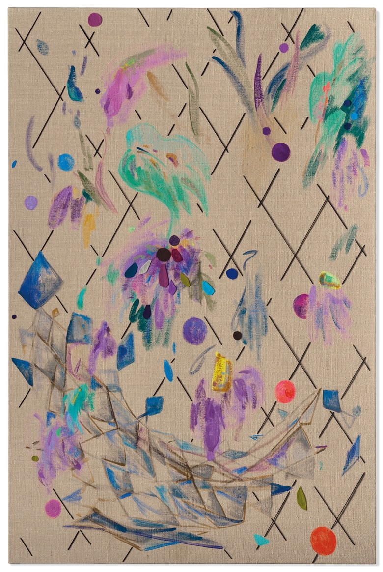 Laura Owens (b. 1970), Untitled, 2009. Acrylic, felt and yarn on linen. 68 x 45 in (172.7 x 114.3 cm). Sold for £275,000 on 2 July 2021 at Christie’s in London