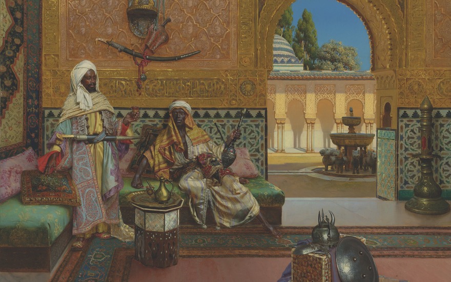 Rudolf Ernst (1854-1932), detail of Two Warriors in the Alhambra Palace, the Court of Lions in the Background. Oil on panel. 23¼ x 28¾  in (59 x 73  cm). Estimate