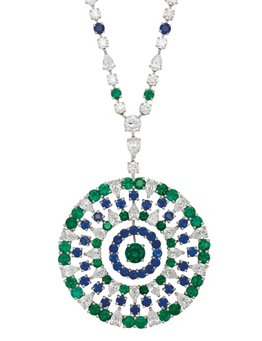 Graff emerald, sapphire and diamond medallion necklace. Estimate $100,000-150,000. Offered in Magnificent Jewels on 8 June 2021 at Christie’s in New York