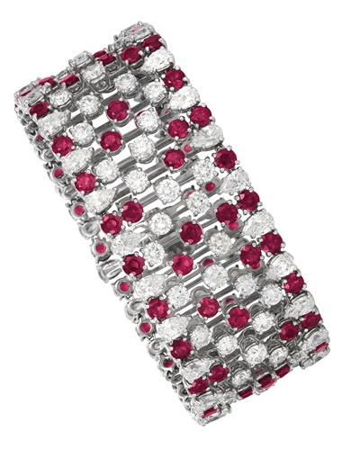 Graff ruby and diamond bracelet. Sizedimensions 17.0 cm (6¾ in); width 2.8 cm (1⅛ in). Estimate $75,000-100,000. Offered in Magnificent Jewels on 8 June 2021 at Christie’s in New York