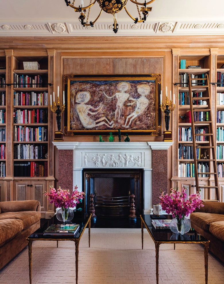 Jean Dubuffet’s Baigneuses  hung over the library mantelpiece at La Rêverie. Photo © Sargent Photography. Artwork © 2021 Artists Rights Society (ARS), New York  ADAGP, Paris  