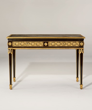 (Left) A late Louis XV ormolu-mounted and brass-inlaid ebony bureau plat. By Philippe-Claude Montigny, circa 1770. Estimate $300,000–500,000. Offered in La Rêverie The Collection of Sydell Miller on 10 June at Christie’s in New York