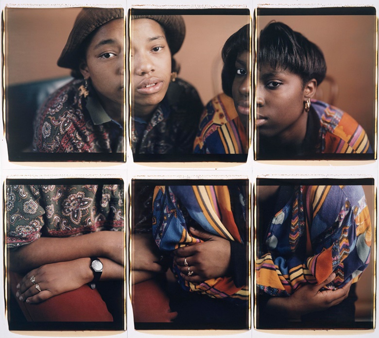 Dawoud Bey, Martina and Rhonda, Chicago IL, 1993. Six dye diffusion transfer prints (Polaroid), overall 48 × 60 in (121.9 × 152.4 cm). Whitney Museum of American Art, gift of Eric Ceputis and David W. Williams 2018.82a-f. © Dawoud Bey