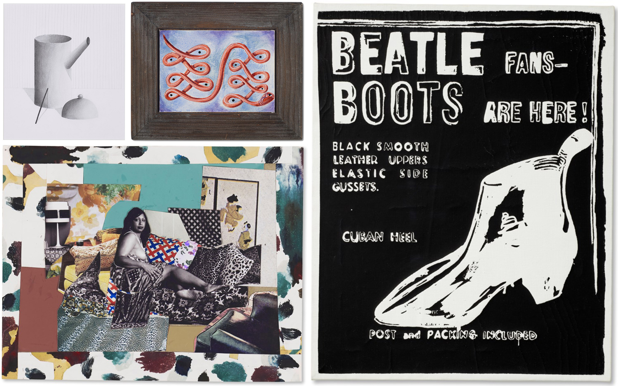 (Clockwise, from top left) Nicolas Party, Still Life, 2010; Kenny Scharf, Snake, 1992; Andy Warhol, Beatle Boots (Negative), 1985–86; Mickalene Thomas, Shinique Now I Know, 2011