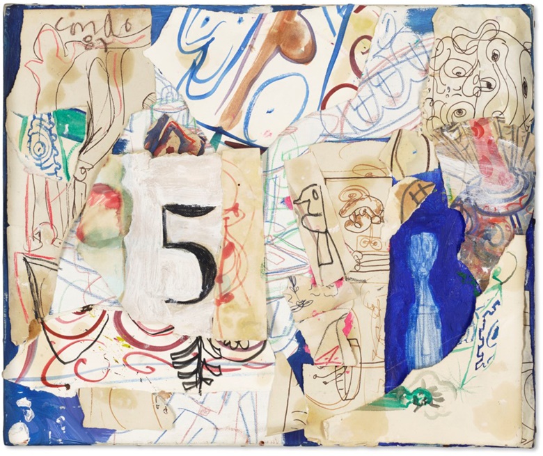 George Condo (b. 1957), Untitled (Sculpted Painting), 1987. Wax crayon, oil, colored pencil, watercolor, ink and paper collage on canvas. 15 x 18 in (38.2 x 45.8  cm). Sold for $100,000 in First Open  Post-War & Contemporary Art on 21 July 2021 at Christie’s Online