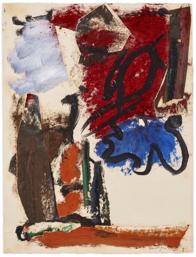 Grace Hartigan (1922–2008), Untitled, 1959. Oil, ink and paper collage on paper. 25 x 19 in (63.5 x 48.2  cm). Sold for $75,000 in First Open  Post-War & Contemporary Art on 21 July 2021 at Christie’s Online