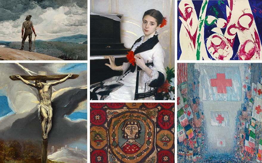 Clockwise from left Winslow Homer, The Woodcutter, 1891; John Singer Sargent, Madame Ramón Subercaseaux, c. 1880–81; Lee Krasner, The Green Fuse, 1968 © 2021 The Pollock-Krasner