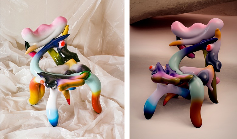 Misha Kahn, It Must Have Been the Clams, (Chair), 2021. Non-fungible token printable 3D model (FBX with vertex colours) together with an MP4 of 000008 seconds (2048 x 2048 pixels). This lot is accompanied by a physical 3D-printed chair (pictured left) rendered in PETG thermoplastic polyester, epoxy, and paint 34 x 24 x 27 ¾ in (86 x 61 x 70.5 cm). Estimate unknown. Offered in Misha Kahn