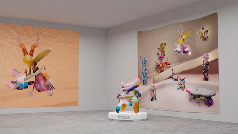 A gallery rendering of Kahn’s NFT designs, and the physical 3D-printed chair of It Must Have Been the Clams, (Chair).