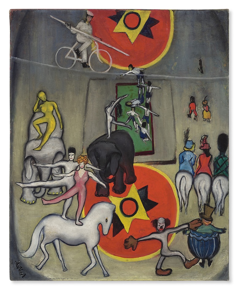 Alice Neel (1900-1984), Circus, 1932. Oil on canvas. 25 ⅛ x 20 ¼ in (63.8 x 51.4 cm). Estimate $150,000-200,000. Offered in Post-War to Present on 1 October 2021 at Christie’s in New York