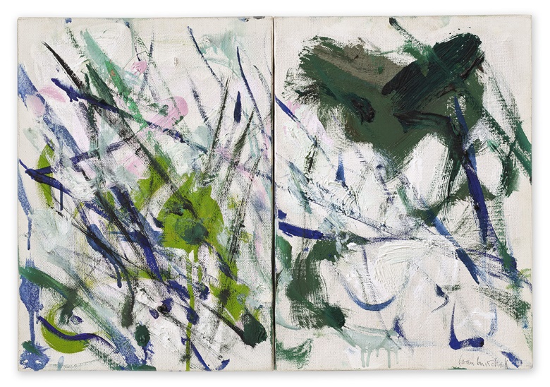 Joan Mitchell (1925-1992), Little Rain, 1989. Diptych—oil on canvas. 13 x 18 ⅞ in (33 x 47.9 cm). Estimate $300,000-500,000. Offered in Post-War to Present on 1 October 2021 at Christie’s in New York