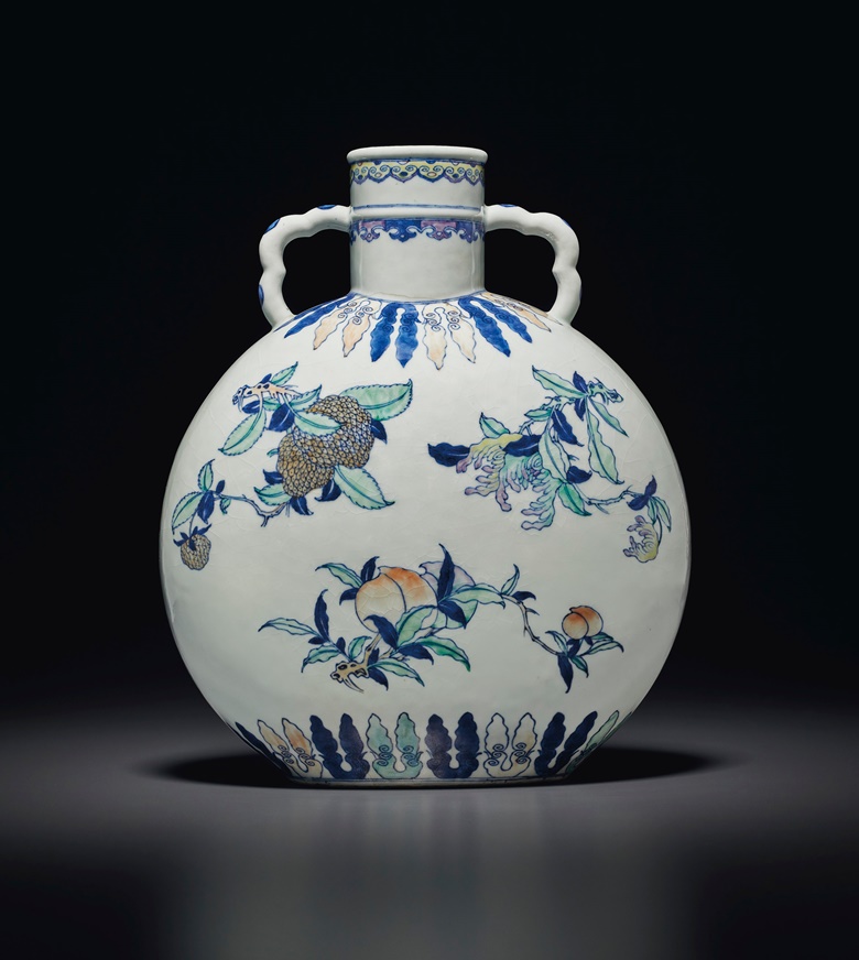A rare and unusual Doucai moon flask, 18th century. 12¼ in (31.2 cm) high, hardwood stand. Estimate $50,000-70,000. Offered in Important Chinese Ceramics and Works of Art on 23-24 September at Christie’s in New York