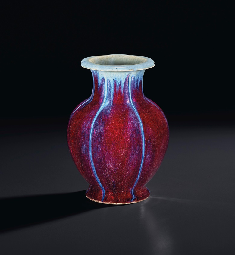 A flambé -glazed ‘pomegranate’ vase, Qianlong six-character incised seal mark and of the period (1736-1795). 7 78 in (20 cm) high, Japanese wood box. Estimate $50,000-70,000. Offered in Important Chinese Ceramics and Works of Art on 23-24 September at Christie’s in New York