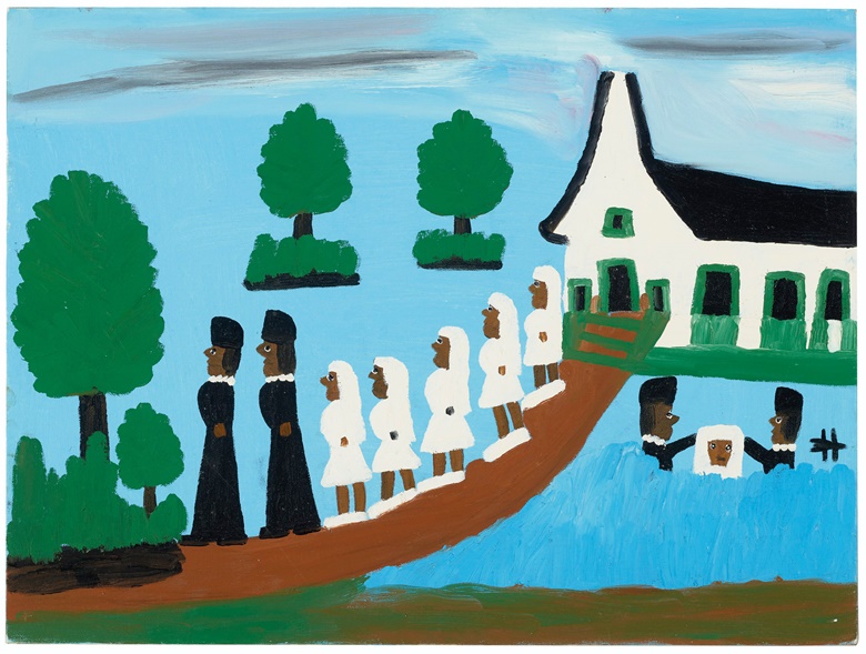 Clementine Hunter (1887-1988), Baptizing on Cane River, 1974. Oil on canvas board. 18 x 24 in (45.1 x 60.1 cm). Sold for $25,000 in Outsider and Vernacular Art on 21 January 2021 at Christie’s in New York