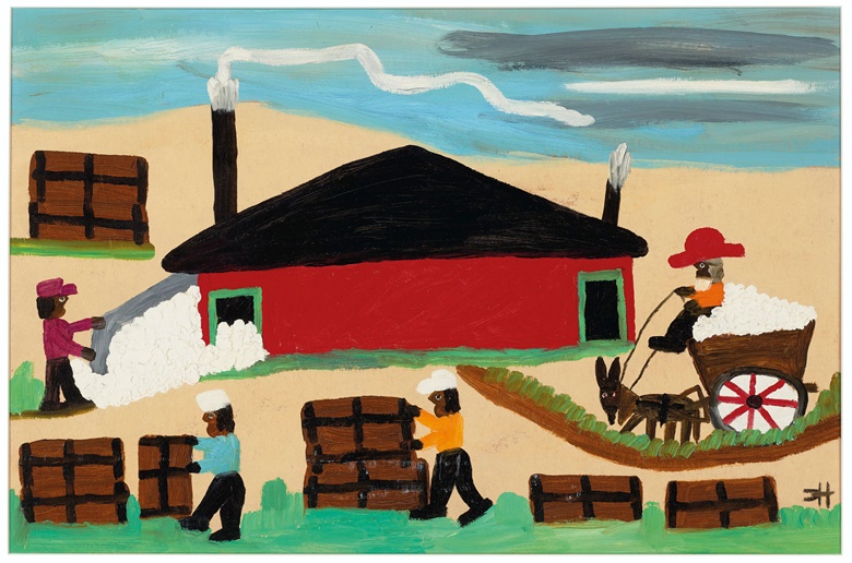 Clementine Hunter (1887-1988), The Cotton Gin, 1965. Oil on paper board. 15½ x 23½ in (39.4 x 59.7 cm). Sold for $20,000 in Outsider and Vernacular Art on 21 January 2021 at Christie’s in New York