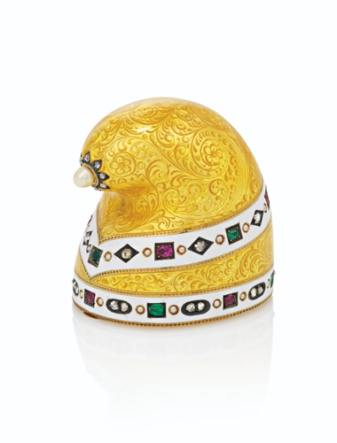 A jewelled and enamel gold bonbonnière in the form of a doges hat, by Fabergé, St Petersburg, 1899-1904. 1⅜ in (3.6 cm) high. Sold for £162,500 on 29 November 2021 at Christie’s in London