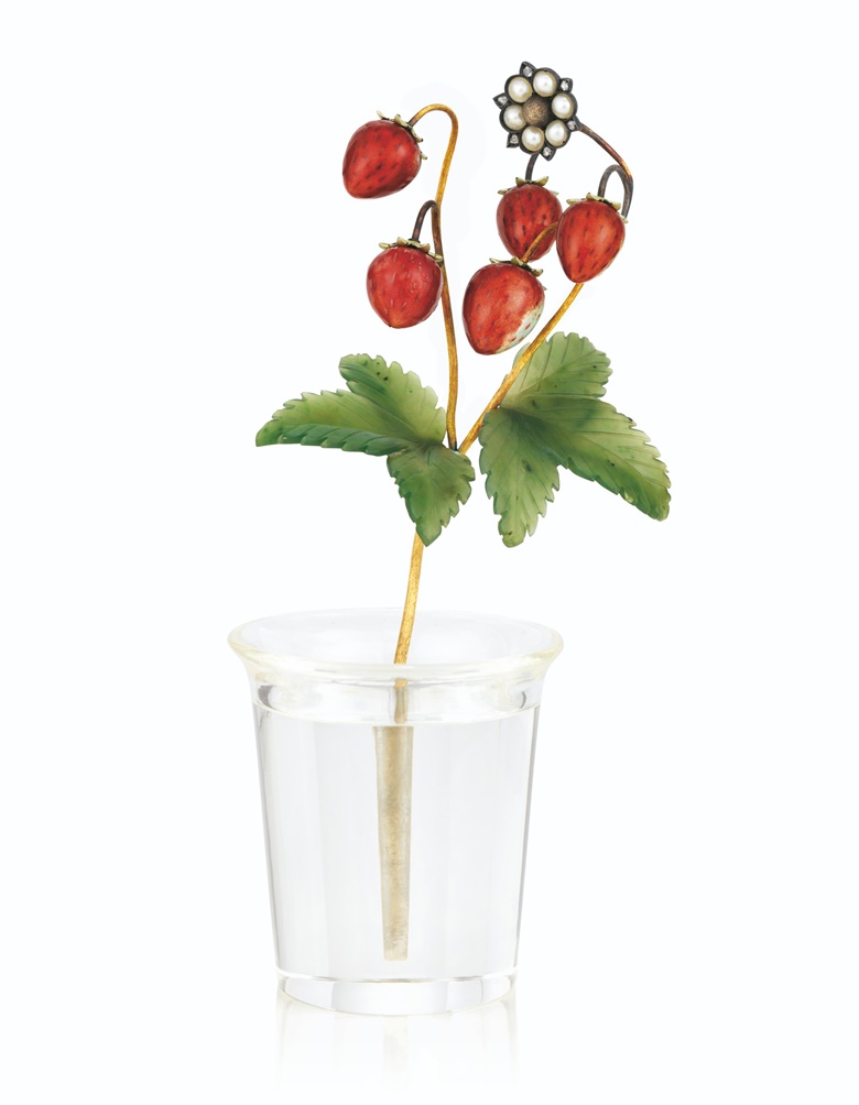 A rare gold-mounted enamel, nephrite and rock crystal study of wild strawberries, by Fabergé, St Petersburg, circa 1900. 4 in (10.2 cm) high. Sold for £325,000 on 29 November 2021 at Christie’s in London