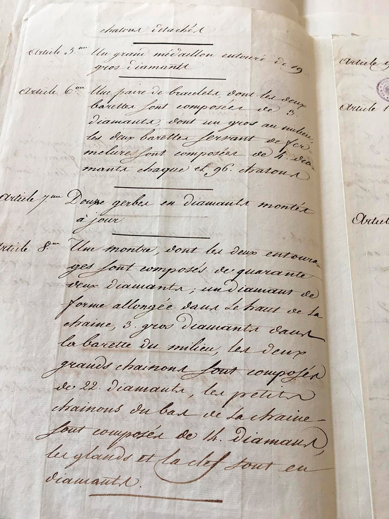 An inventory of Marie Antoinette’s jewels, including the diamond bracelets, in the Austrian State Archive