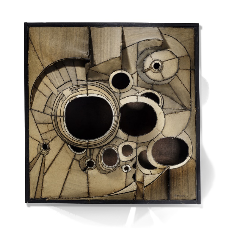Lee Bontecou (b. 1931), Untitled, 1959-1960. Welded steel, canvas, fabric, velvet and wire. 42½ x 41½ x 8 in (108 x 105.4 x 20.3 cm). Estimate $2,000,000-4,000,000. Offered in 20th Century Evening Sale on 11 November 2021 at Christie’s in New York