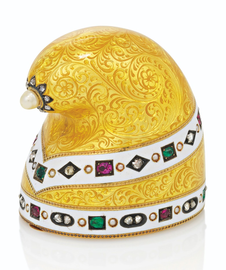 A jewelled and enamel gold bonbonnière in the form of a doges hat, by Fabergé, 1899-1904. 1⅜  in (3.6  cm) high. Sold for £162,500 on 29 November 2021 at Christie’s in London