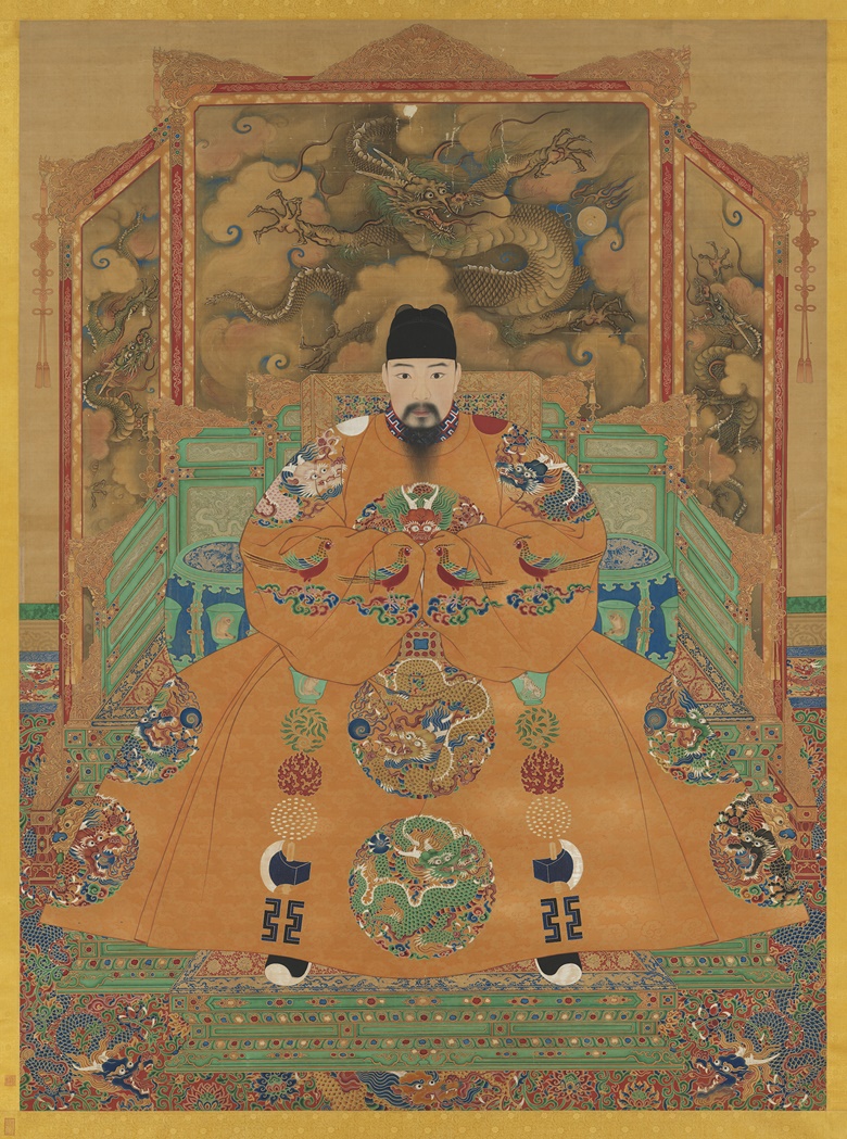 Portrait of the Hongzhi Emperor (r. 1488-1505), in which his throne rests on an imperial Ming carpet with dragon and lotus patterns against a deep red background. Hanging scroll, ink and colours on silk. National Palace Museum, Taipei
