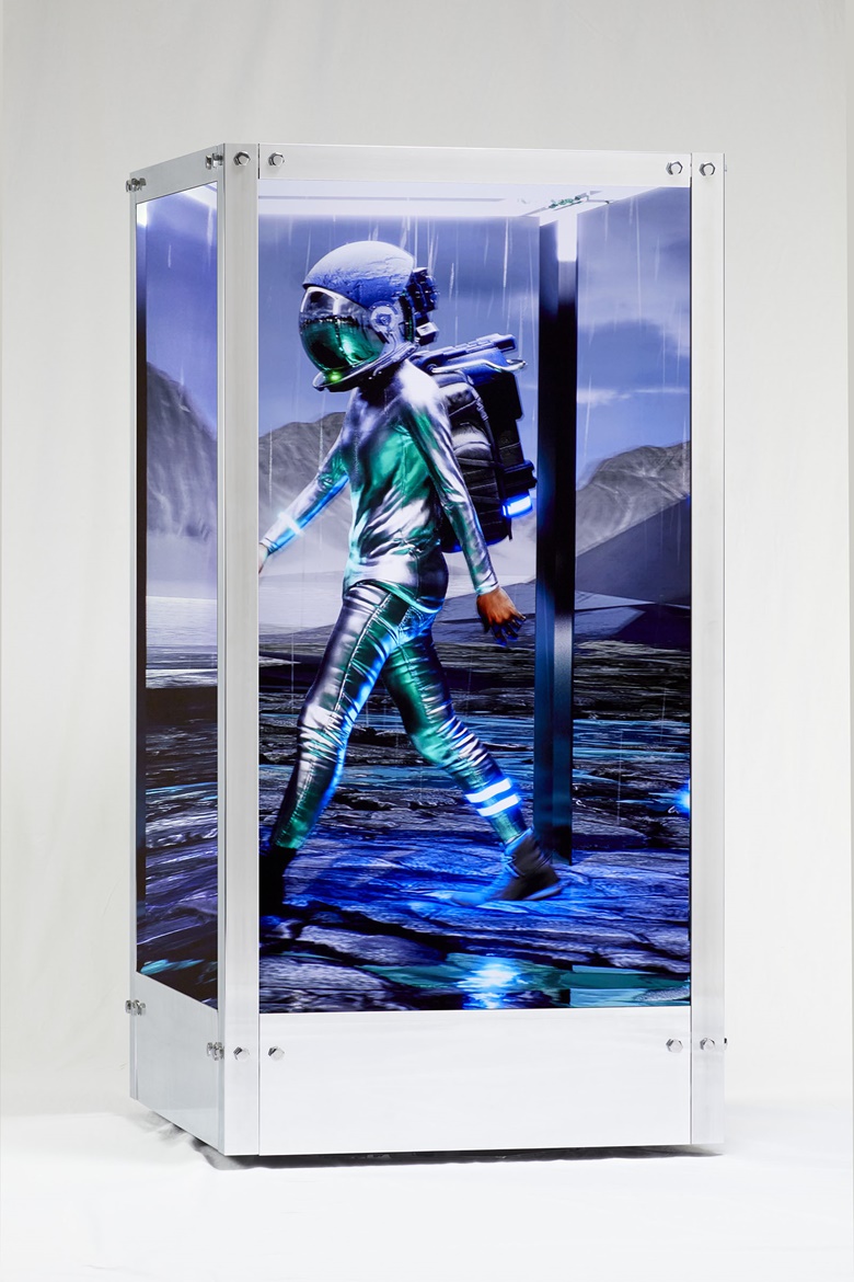 Beeple (b. 1981), HUMAN ONE, 2021. Kinetic video sculpture — four video screens (16k resolution), polished aluminum metal, mahogany wood frame, dual media servers; endless video with corresponding dynamic NFT. 87 x 48 x 48 in (220.1 x 121.9 x 121.9 cm). Sold for $28,985,000 in 21st Century Evening Sale on 9 November 2021 at Christie’s in New York