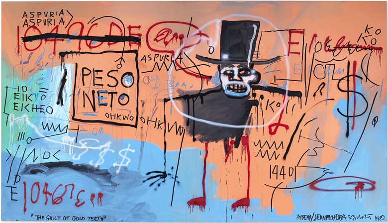 Jean-Michel Basquiat (1960-1988), The Guilt of Gold Teeth, 1982. Acrylic, spray paint and oilstick on canvas. 94½ x 165⅞ in (240 x 421.3 cm). Sold for $40,000,000 in 21st Century Evening Sale on 9 November 2021 at Christie’s in New York