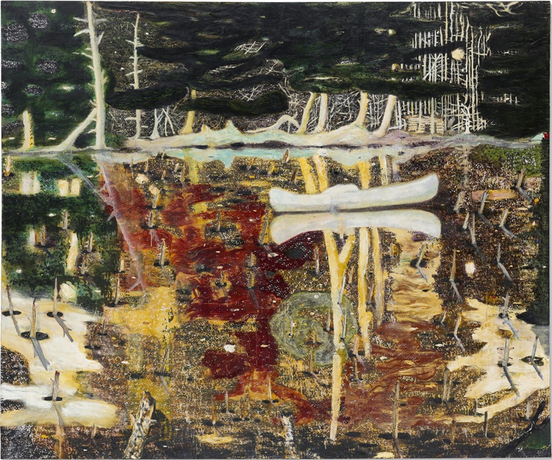 Peter Doig (b. 1959), Swamped, 1990. Oil on canvas. 77½ x 95 in (197 x 241 cm). Sold for $39,862,500 in 21st Century Evening Sale on 9 November 2021 at Christie’s in New York