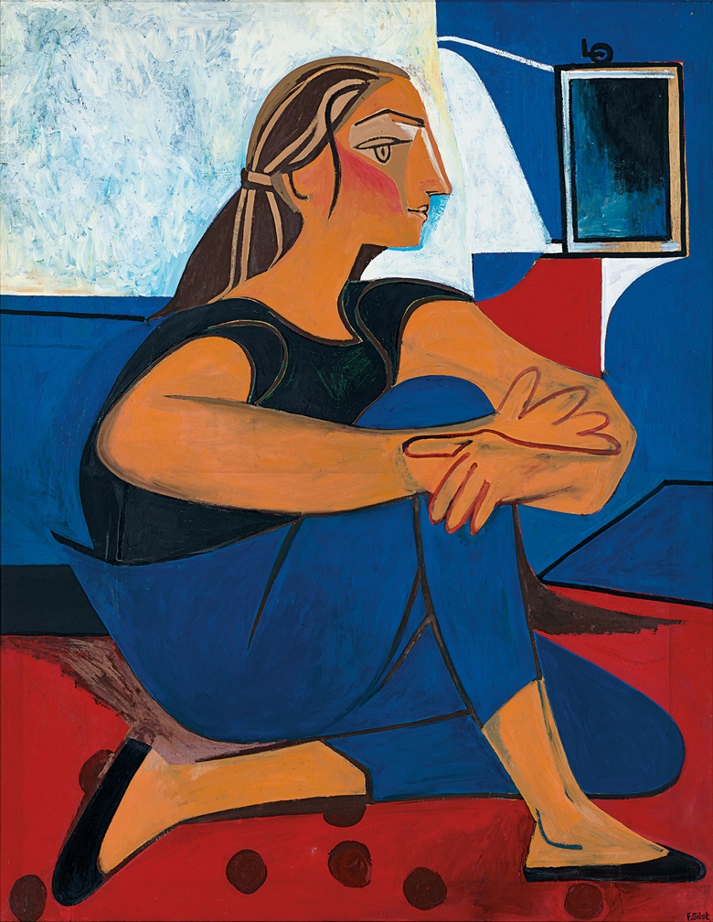Françoise Gilot (b. 1921), Étude bleue. Oil on panel. 147 x 115.2 cm (57 ⅞ x 45 ⅜ in). Painted in 1953