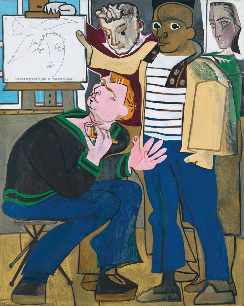 Françoise Gilot (b. 1921), Les Peintres. Oil on panel. 163.5 x 131 cm (64⅜ x 51⅝ in). Painted in 1952