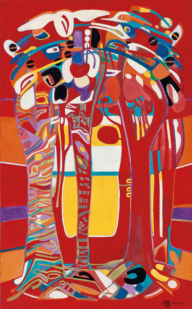 Françoise Gilot (b. 1921), Living Forest. Oil on canvas. 130 x 80.7 cm. (51 ⅕ x 31 ⅗ in.). Painted in 1977. Estimate HK$3,000,000-5,000,000. Offered in 20th21st Century Art Evening Sale on 1 December 2021 at Christie’s in Hong Kong