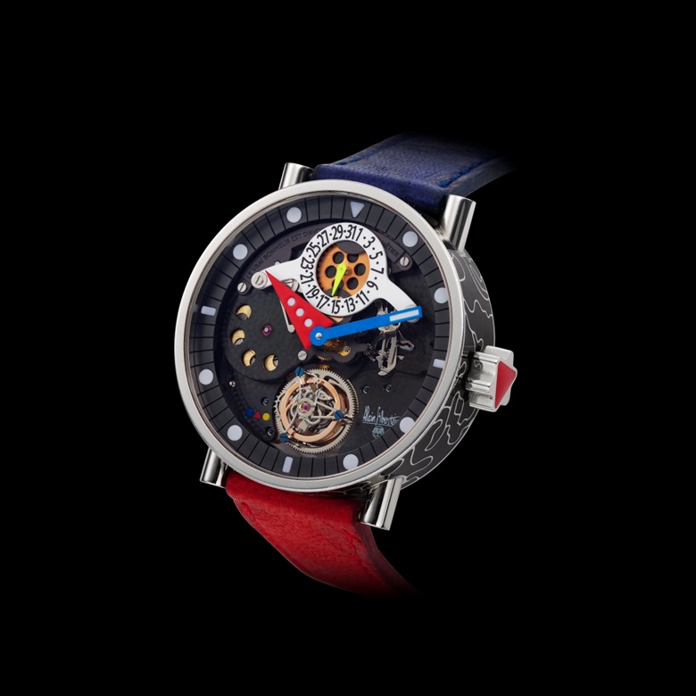 Alain Silberstein. Very interesting manual wind tourbillon wristwatch. Limited Edition 90500. Stainless steel and enamel case. Case Diameter 40mm. Estimate $20,000-30,000. Offered in Christie’s Fine Watchmaking Important Timepieces and the Independent Collection at Christie’s online