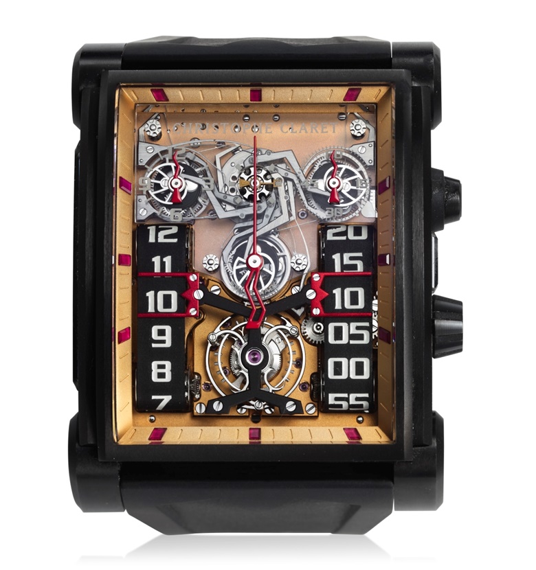 Christophe Claret. 20th Anniversary Dualtow ‘Piece Unique’. PVD-coated, titanium singlepusher planetary-gear chronograph with striking system and tourbillon wristwatch with two rolling belt indicators. Case Diameter  48mm x 45mm. Estimate $40,000-70,000. Offered in Christie’s Fine Watchmaking Important Timepieces and the Independent Collection at Christie’s online