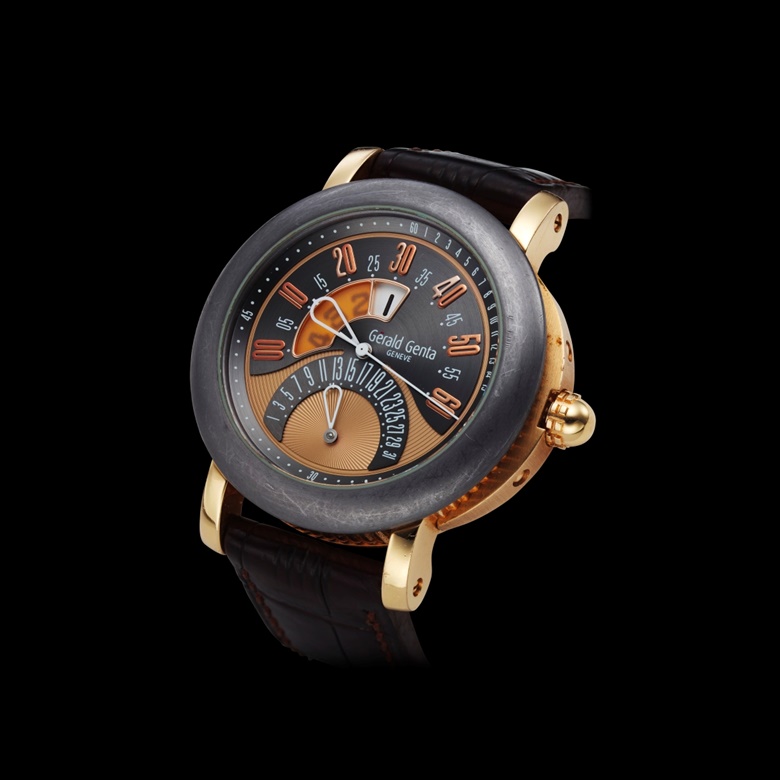Gerald Genta, Arena Bi Retro Jump Hour. 18K rose gold and tantalum. Case Diameter 45mm. Estimate $6,000-10,000. Offered in Christie’s Fine Watchmaking Important Timepieces and the Independent Collection at Christie’s online