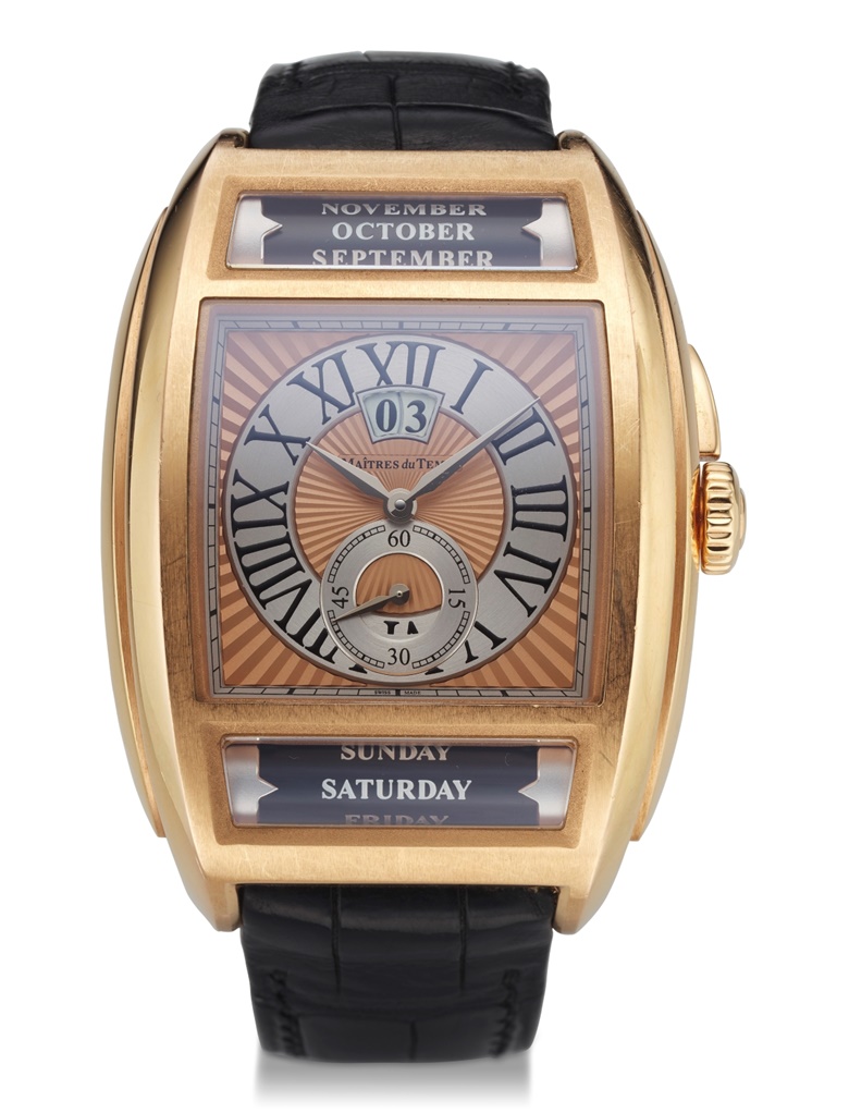 Maitres du Temps, Chapter Two. Roger Dubuis, Peter Speake-Marin and Daniel Roth collaboration. 18K rose gold. Case Diameter 42mm x 58mm. Estimate $12,000-24,000. Offered in Christie’s Fine Watchmaking Important Timepieces and the Independent Collection at Christie’s online