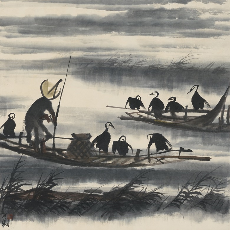 林風眠（1900-1991），《漁夫鸕鶿》。設色紙本 鏡框。66.5 x 66 公分（26 ⅛ x 26 英寸）。估價：港元 1,000,000-1,500,000。此作將於2021年11月30日在中國近現代及當代書畫拍賣中呈獻