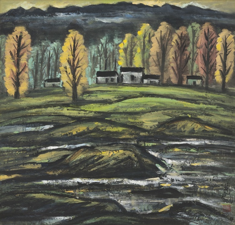 林風眠（1900-1991），《秋林山居》。設色紙本 鏡框。65.4 x 68.5 公分（25 ¾ x 27 英寸）。估價：港元 1,000,000-2,000,000。此作將於2021年11月30日在中國近現代及當代書畫拍賣中呈獻
