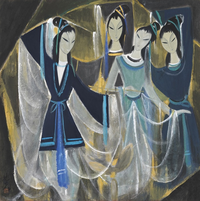 林風眠（1900-1991），《戲曲人物》。設色紙本 鏡框。65 x 65 公分（25 ⅝ x 25 ⅝ 英寸）。估價：港元 3,000,000-5,000,000。此作將於2021年11月30日在中國近現代及當代書畫拍賣中呈獻