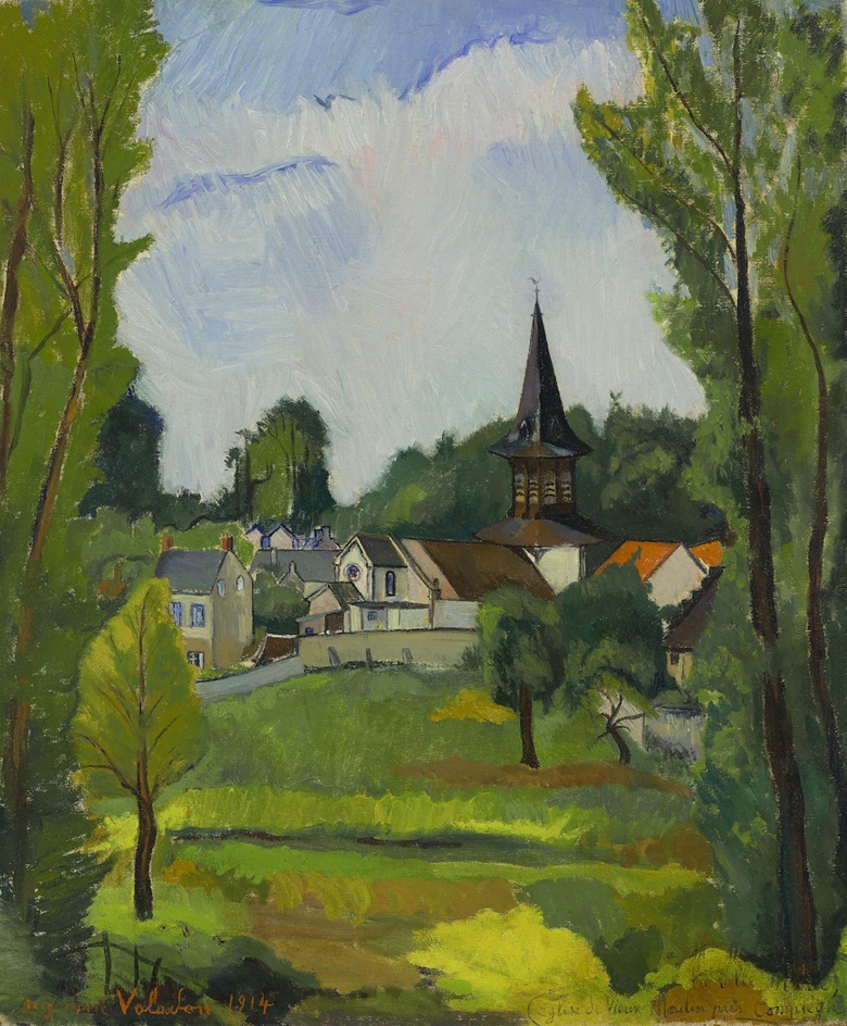 Suzanne Valadon (1865-1938), Eglise de vieux moulin près compiègne, 1914. Oil on canvas. 25⅝ x 21½  in (65 x 54.5  cm). Estimate $20,000-30,000. Offered in Impressionist and Modern Art Day Sale on 13 November 2021 at Christie’s in New York