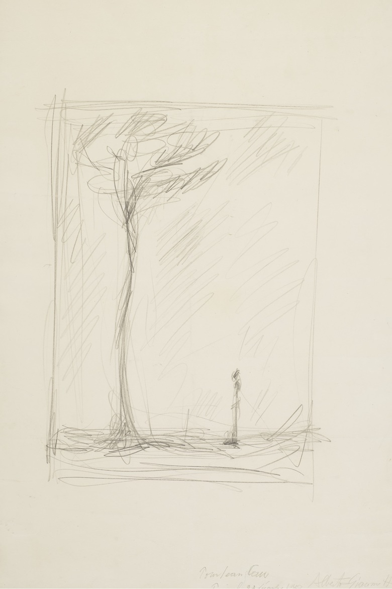 Alberto Giacometti (1901-1966), Homme et arbre, c. 1951. Pencil on paper. 20⅛ x 13⅛  in (51 x 33.2  cm). Estimate $20,000-30,000. Offered in Impressionist and Modern Art Works on Paper Sale on 13 November 2021 at Christie’s in New York