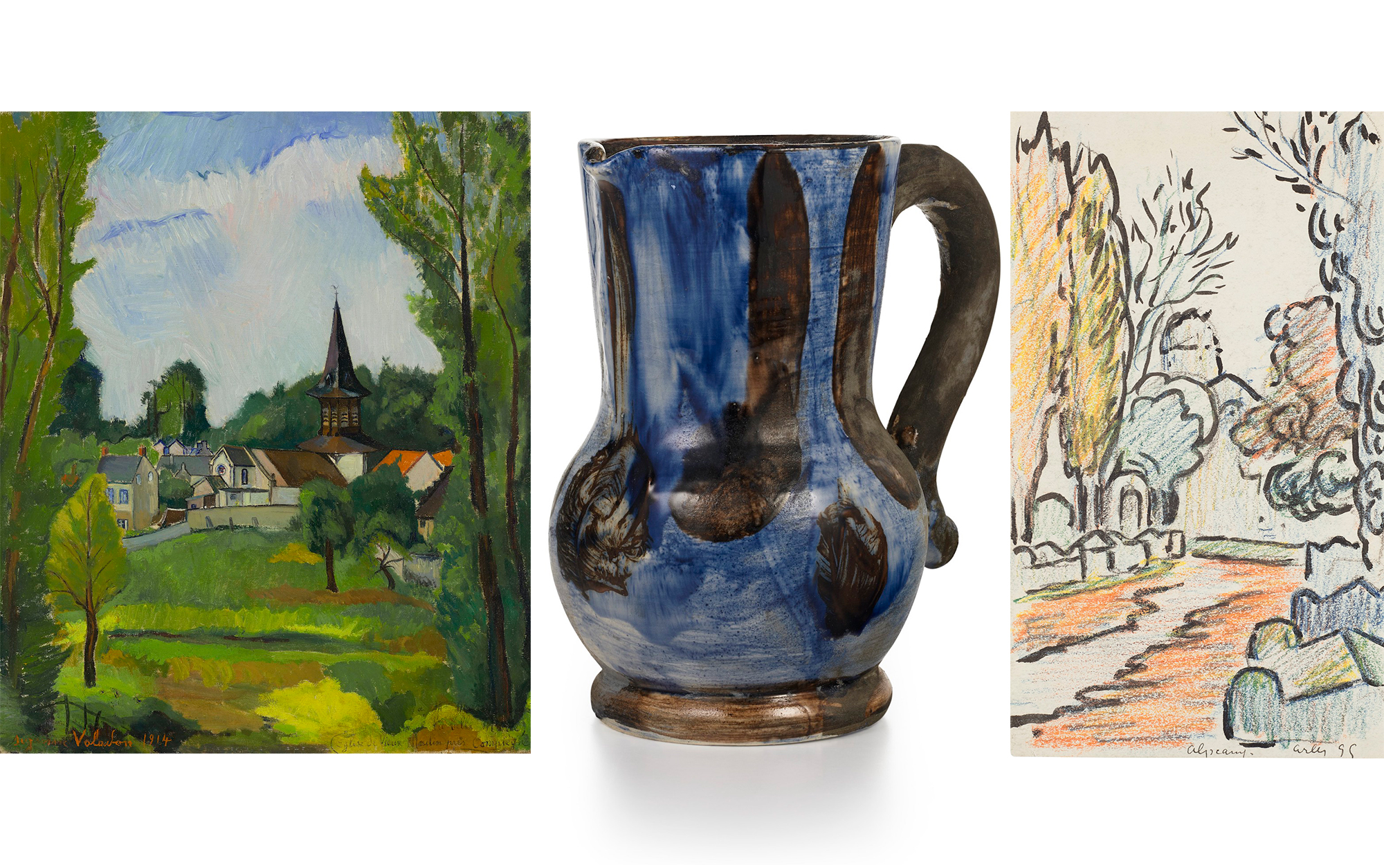 Left to right Suzanne Valadon (1865-1938), Eglise de vieux moulin près compiègne, 1914. Oil on canvas. 25⅝ x 21½  in (65 x 54.5  cm). Estimate $20,000-30,000. Offered in