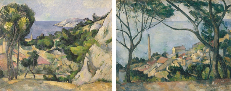 Left Paul Cézanne, L’Estaque, 1879-83. The Museum of Modern Art, New York. Right Paul Cézanne, La mer à L’Estaque derrière les arbres, 1878-79. Musée Picasso, Paris