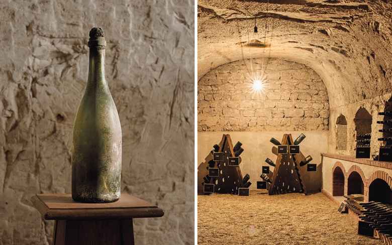 Perrier-Jou&euml;t Brut Mill&eacute;sim&eacute; 1874. 1 bottle per lot. Sold for &pound;42,875 on 2 December 2021 at Christie&rsquo;s in London. Right, the historic cellars at Maison Perrier-Jou&euml;t in Epernay
